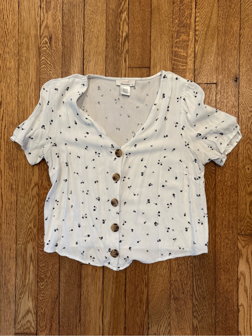 White with Small Black Floral Pattern Button-Front V-Neck Blouse, Size Small